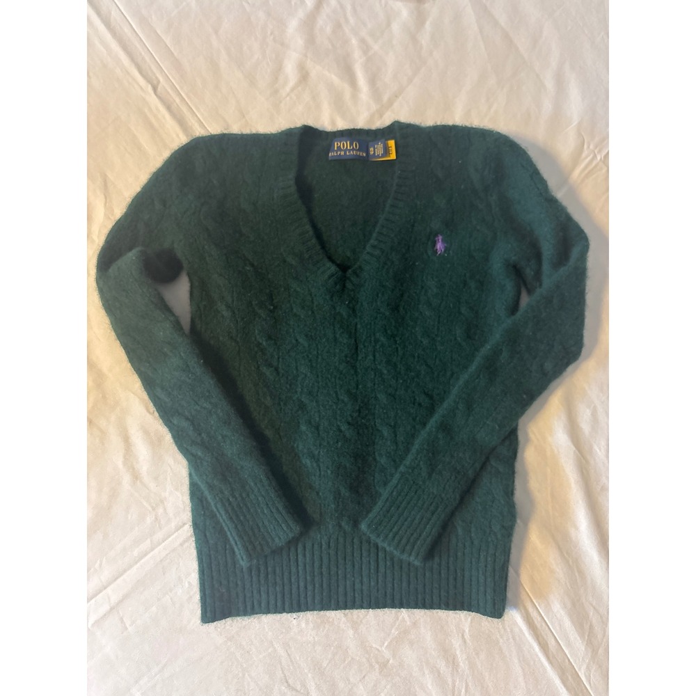 Polo Ralph Lauren Sweater Kids XS Green  Wool Cashmere Cable V-Neck